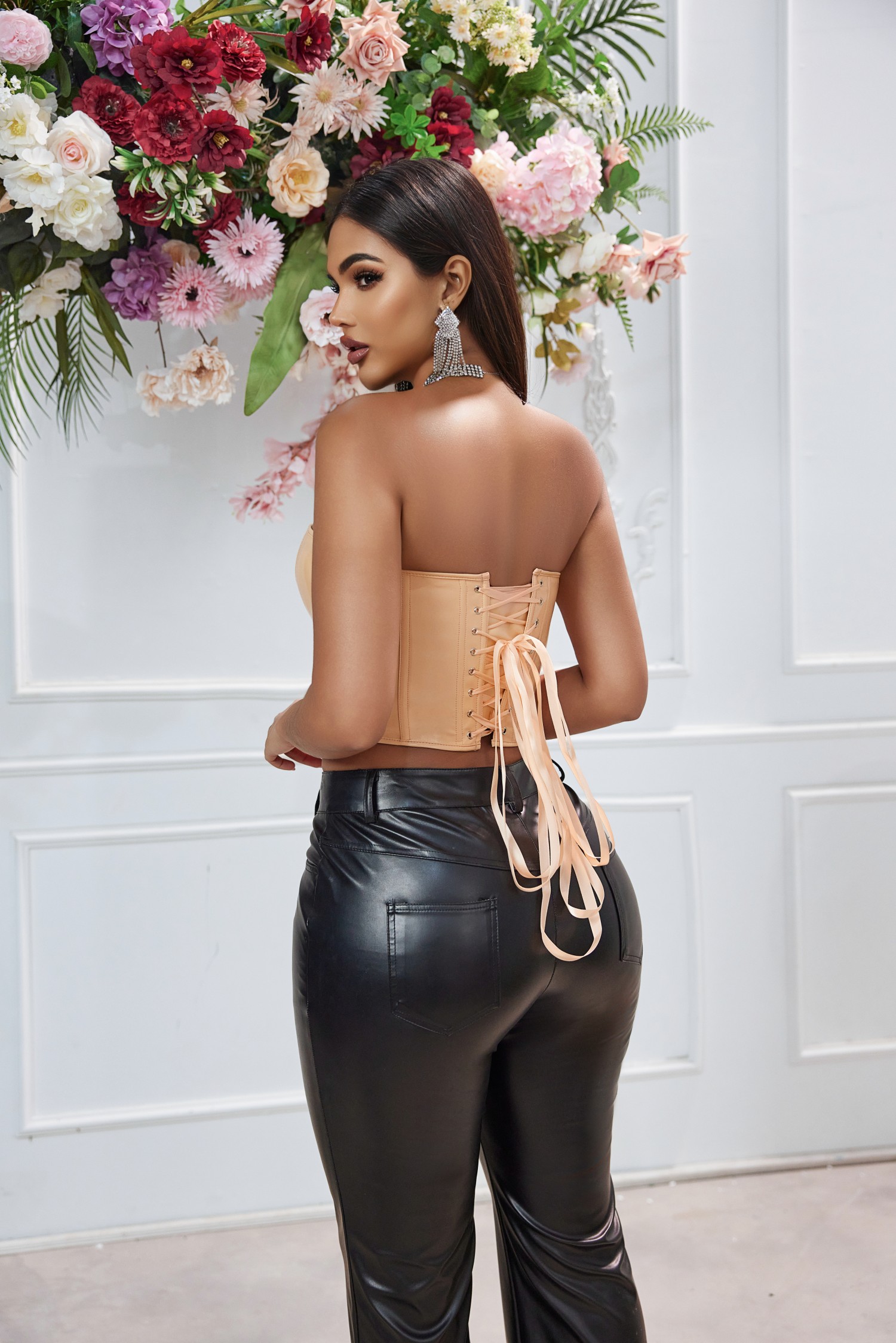Champagne  Fashion Synthetic Leather Bustier Crop Top Boned Overbust Corset